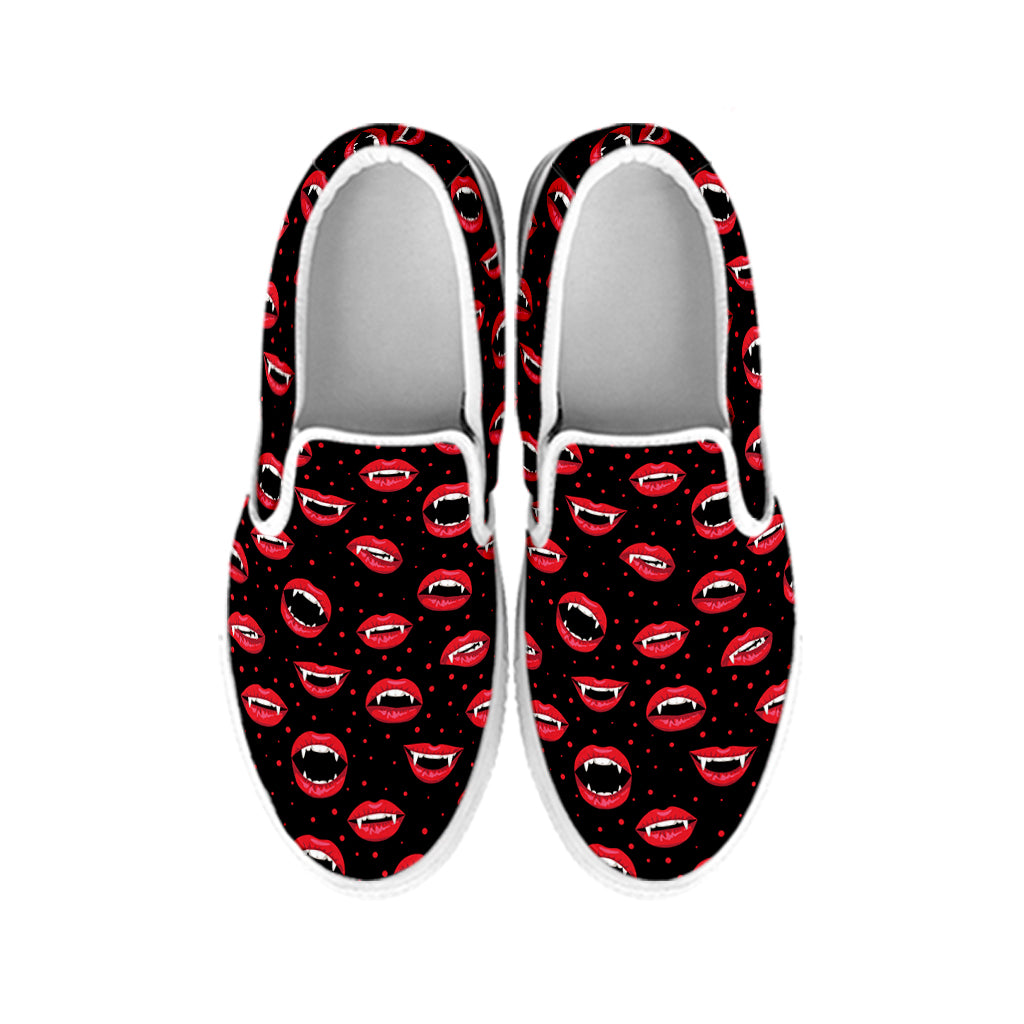 Red Halloween Vampire Lips Pattern Print White Slip On Shoes