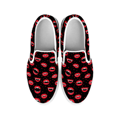 Red Halloween Vampire Lips Pattern Print White Slip On Shoes