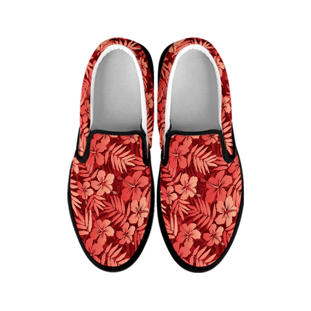 Red Hawaiian Tropical Pattern Print Black Slip On Shoes