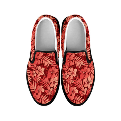 Red Hawaiian Tropical Pattern Print Black Slip On Shoes