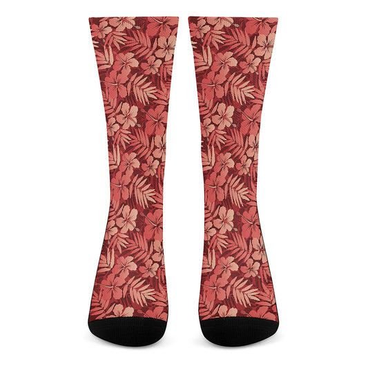Red Hawaiian Tropical Pattern Print Crew Socks