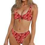 Red Hawaiian Tropical Pattern Print Front Bow Tie Bikini
