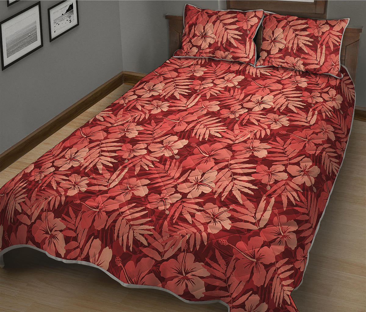 Red Hawaiian Tropical Pattern Print Quilt Bed Set