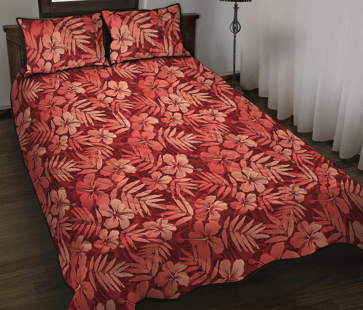 Red Hawaiian Tropical Pattern Print Quilt Bed Set