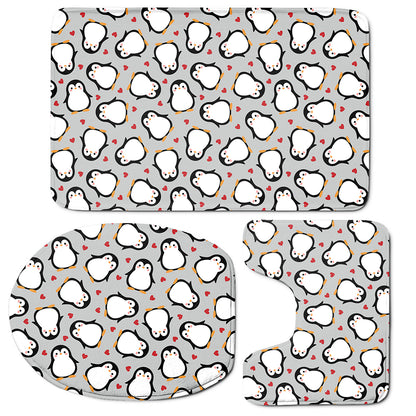 Red Heart And Penguin Pattern Print 3 Piece Bath Mat Set