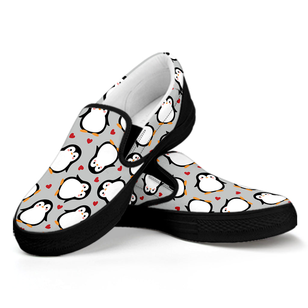 Red Heart And Penguin Pattern Print Black Slip On Shoes