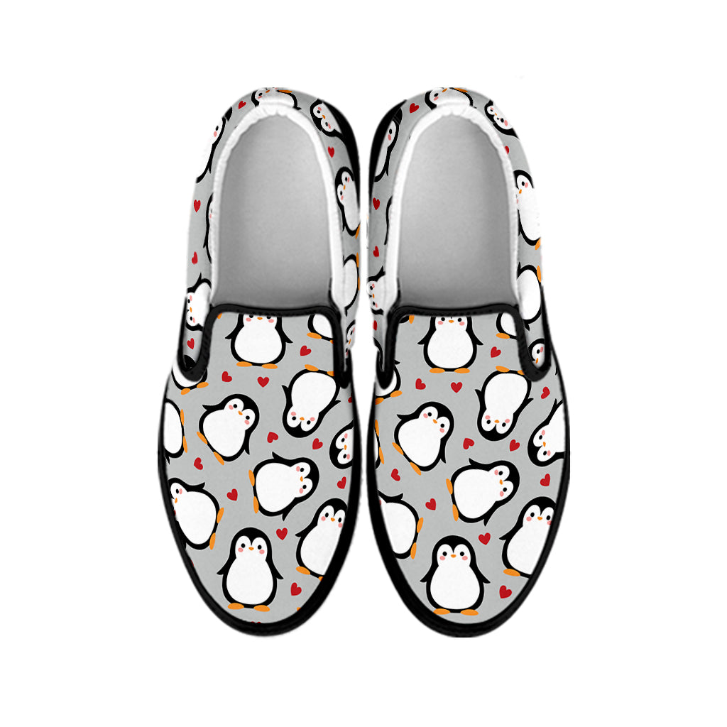 Red Heart And Penguin Pattern Print Black Slip On Shoes