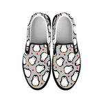 Red Heart And Penguin Pattern Print Black Slip On Shoes