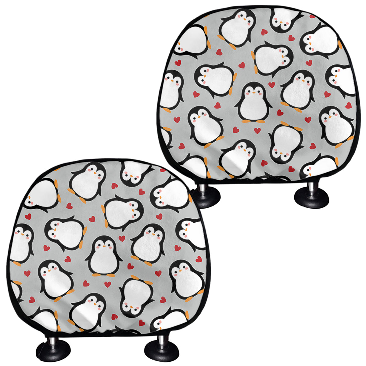 Red Heart And Penguin Pattern Print Car Headrest Covers