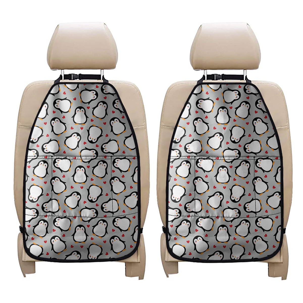 Red Heart And Penguin Pattern Print Car Seat Organizers