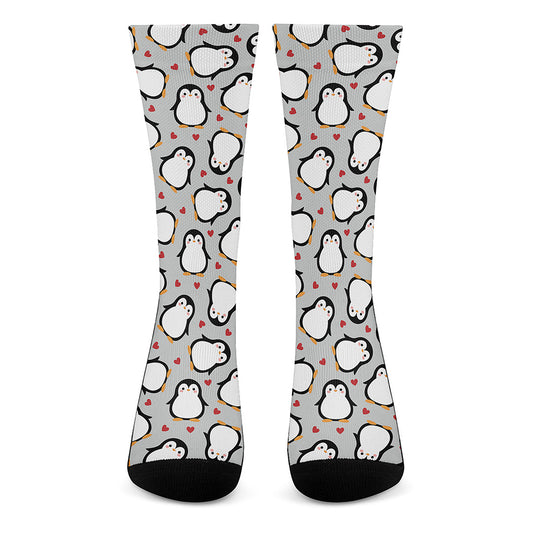Red Heart And Penguin Pattern Print Crew Socks