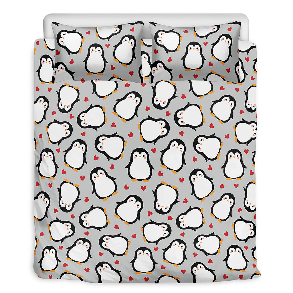 Red Heart And Penguin Pattern Print Duvet Cover Bedding Set