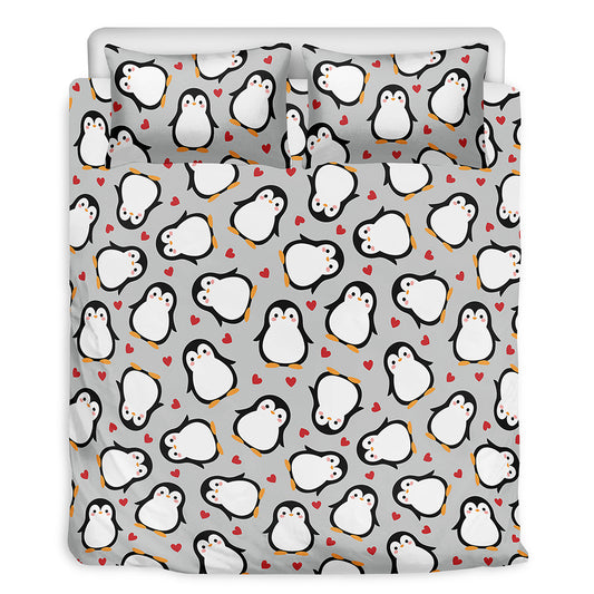 Red Heart And Penguin Pattern Print Duvet Cover Bedding Set