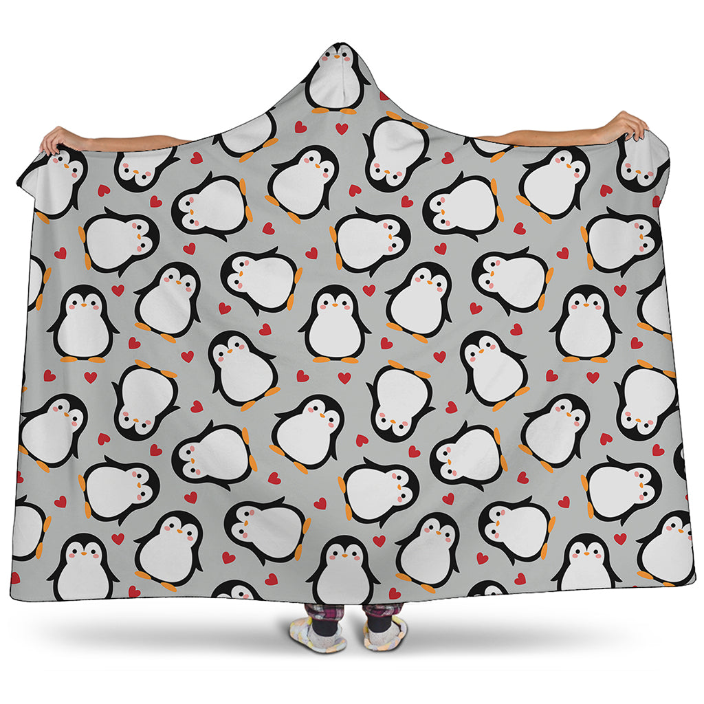 Red Heart And Penguin Pattern Print Hooded Blanket