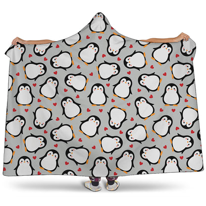 Red Heart And Penguin Pattern Print Hooded Blanket