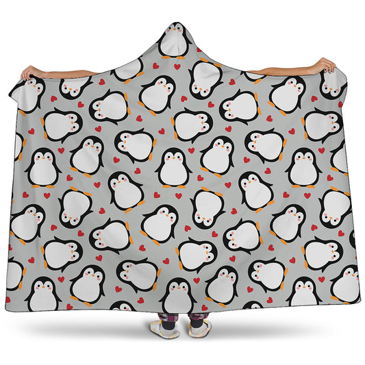 Red Heart And Penguin Pattern Print Hooded Blanket