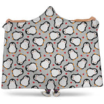 Red Heart And Penguin Pattern Print Hooded Blanket