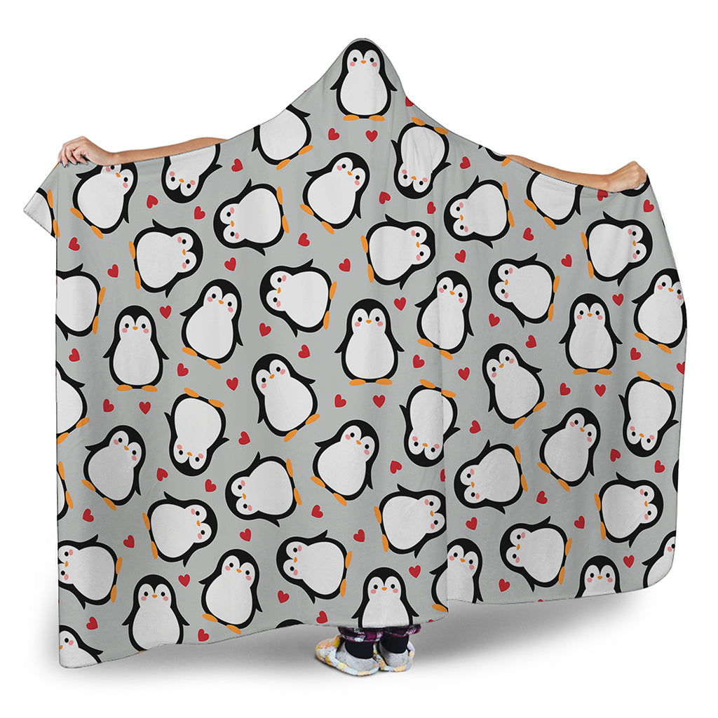 Red Heart And Penguin Pattern Print Hooded Blanket