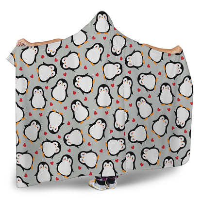 Red Heart And Penguin Pattern Print Hooded Blanket