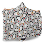 Red Heart And Penguin Pattern Print Hooded Blanket