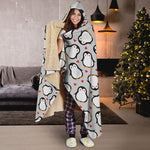 Red Heart And Penguin Pattern Print Hooded Blanket