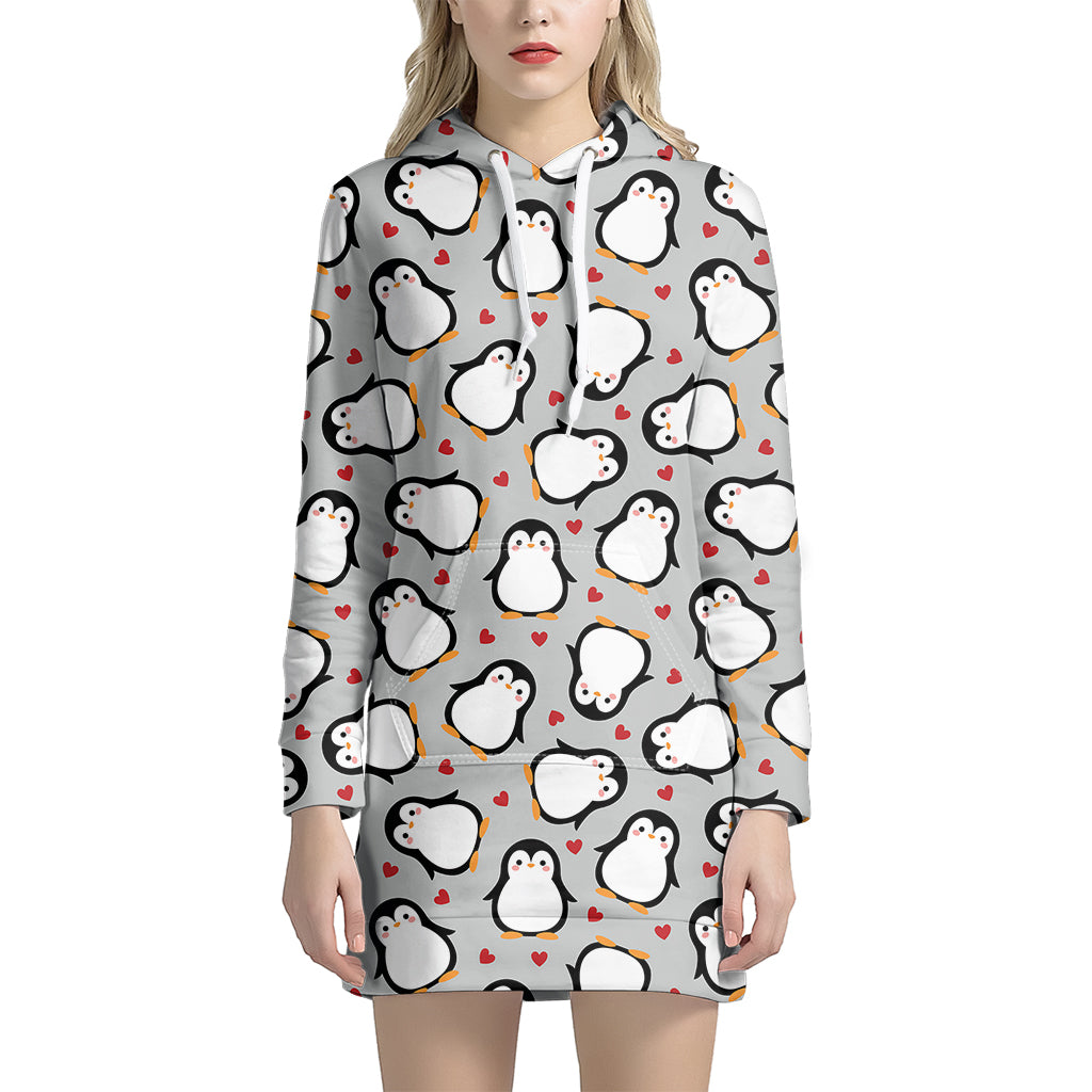 Red Heart And Penguin Pattern Print Hoodie Dress