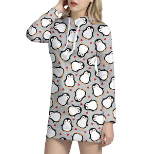 Red Heart And Penguin Pattern Print Hoodie Dress