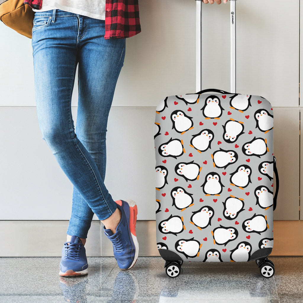 Red Heart And Penguin Pattern Print Luggage Cover