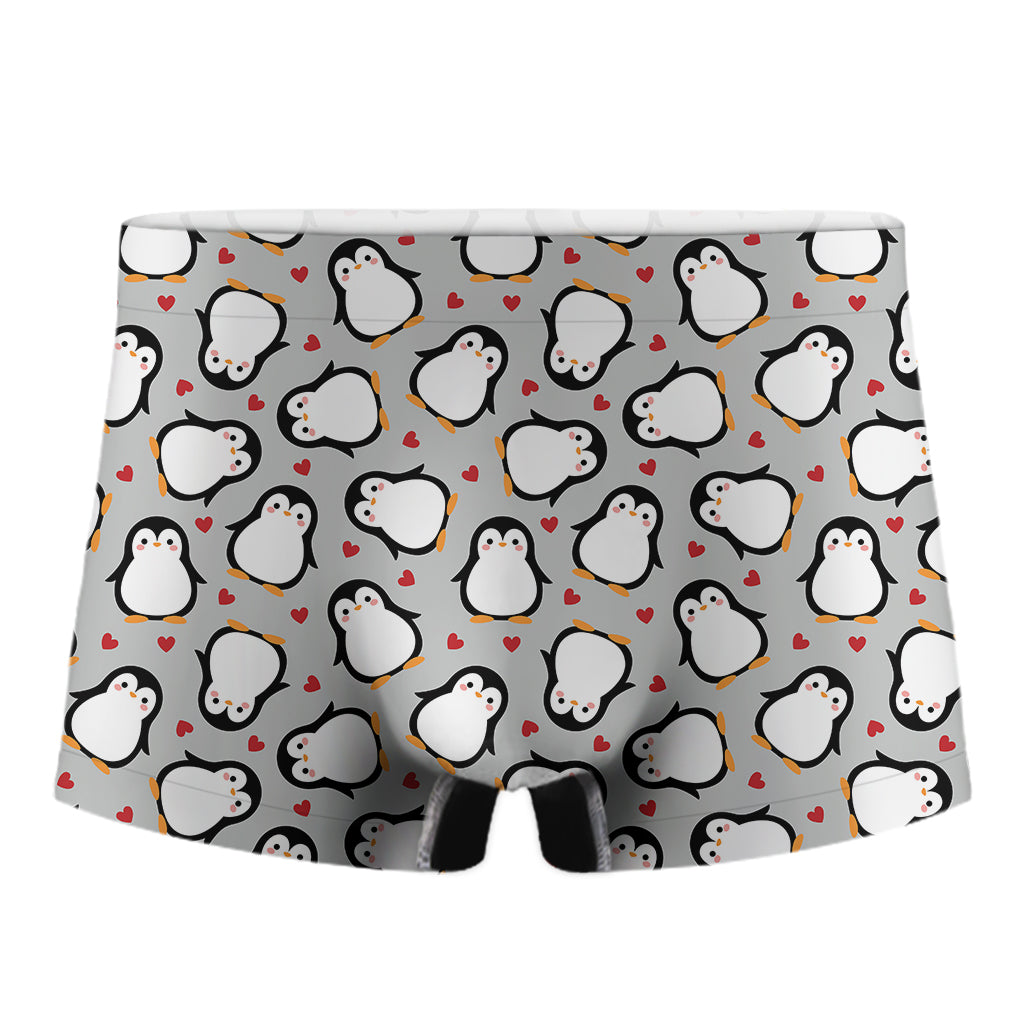 Red Heart And Penguin Pattern Print Men's Boxer Briefs