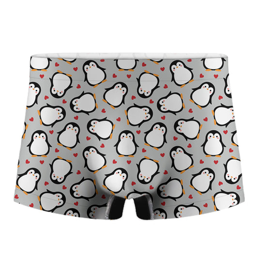 Red Heart And Penguin Pattern Print Men's Boxer Briefs
