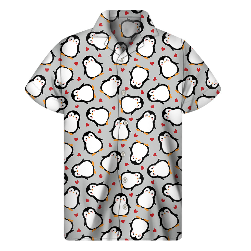 Red Heart And Penguin Pattern Print Men's Short Sleeve Shirt