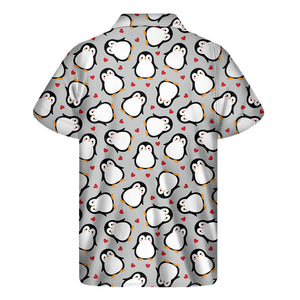 Red Heart And Penguin Pattern Print Men's Short Sleeve Shirt