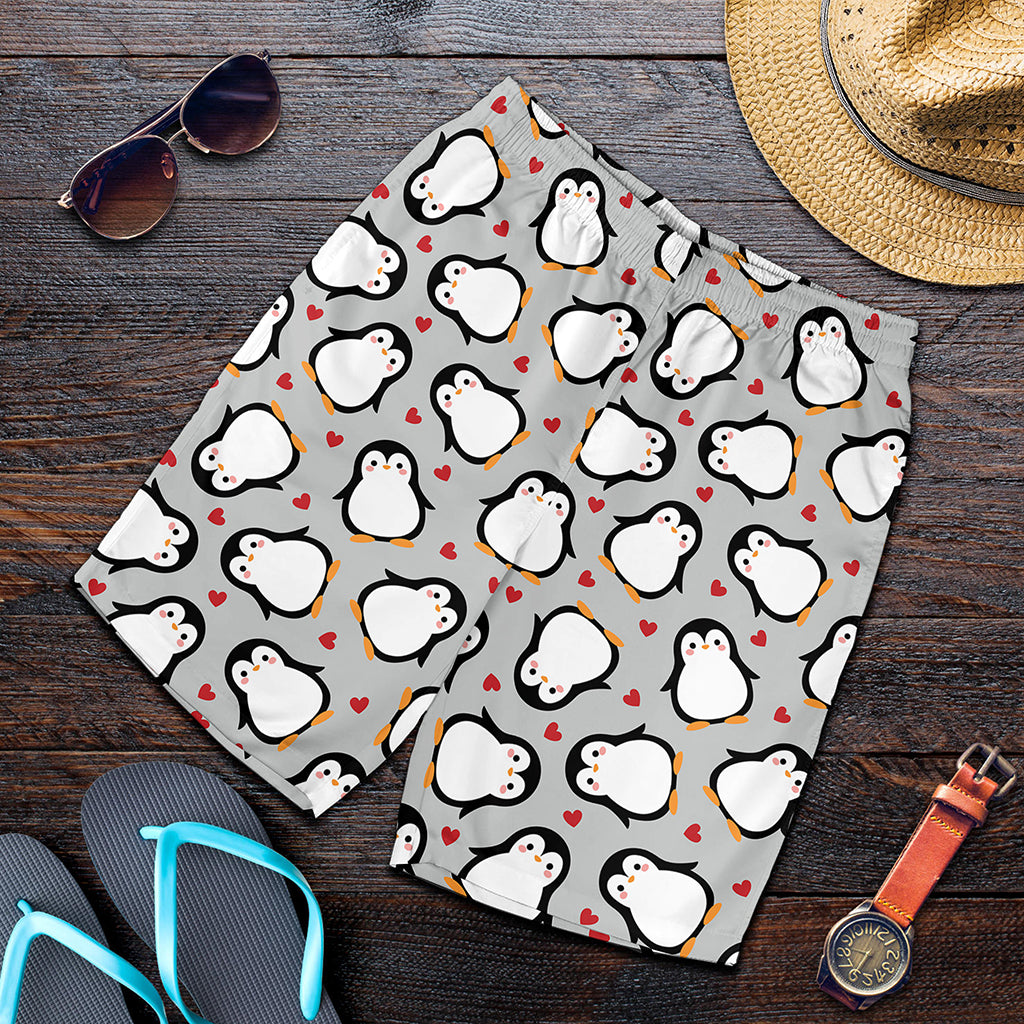 Red Heart And Penguin Pattern Print Men's Shorts