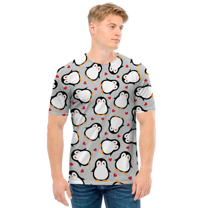 Red Heart And Penguin Pattern Print Men's T-Shirt