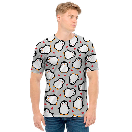 Red Heart And Penguin Pattern Print Men's T-Shirt