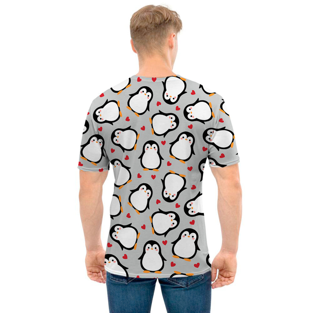 Red Heart And Penguin Pattern Print Men's T-Shirt