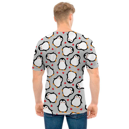 Red Heart And Penguin Pattern Print Men's T-Shirt