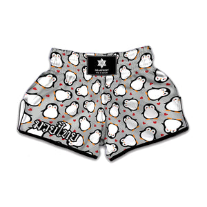 Red Heart And Penguin Pattern Print Muay Thai Boxing Shorts