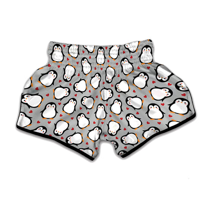 Red Heart And Penguin Pattern Print Muay Thai Boxing Shorts