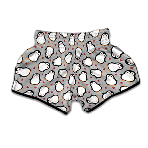 Red Heart And Penguin Pattern Print Muay Thai Boxing Shorts