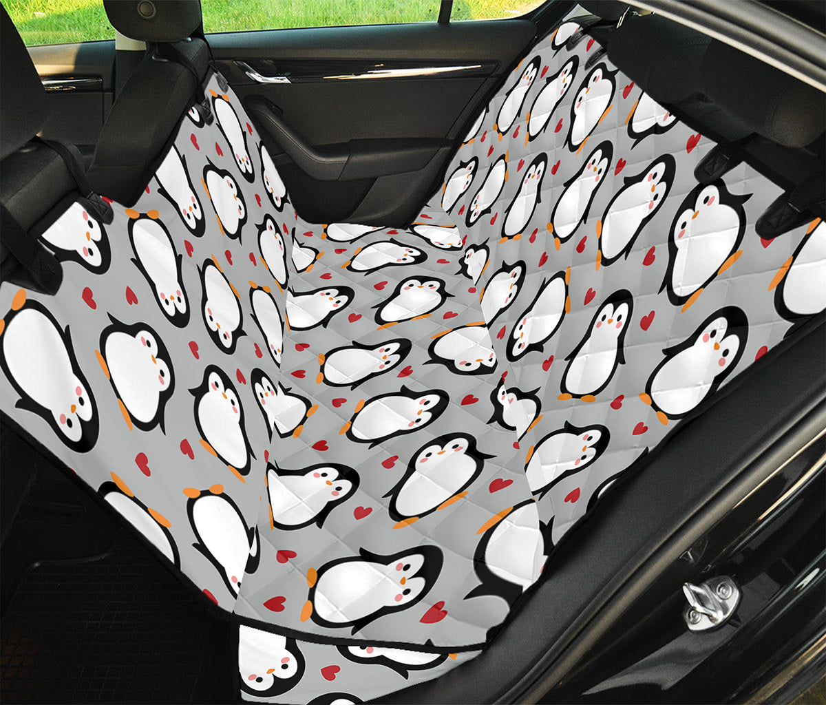 Red Heart And Penguin Pattern Print Pet Car Back Seat Cover