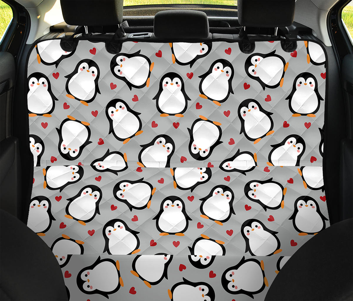 Red Heart And Penguin Pattern Print Pet Car Back Seat Cover