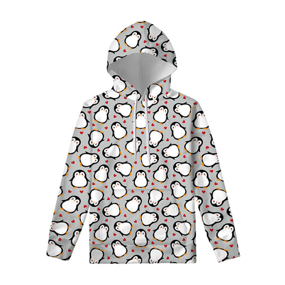 Red Heart And Penguin Pattern Print Pullover Hoodie