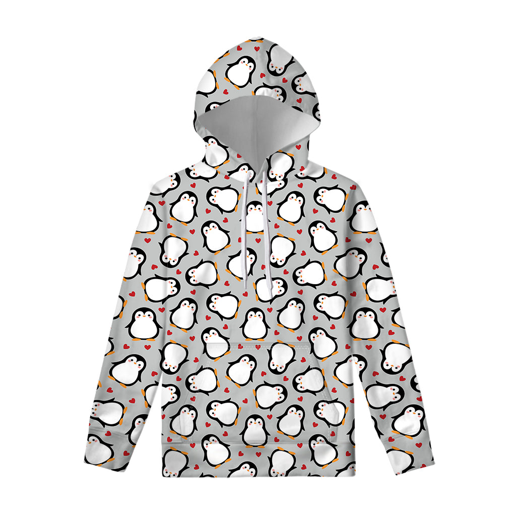 Red Heart And Penguin Pattern Print Pullover Hoodie