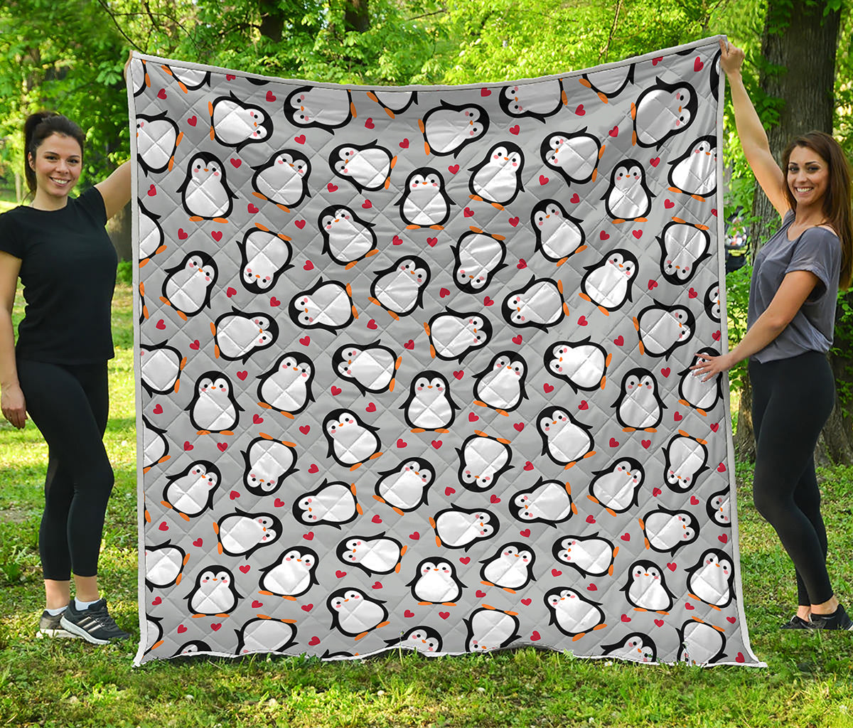 Red Heart And Penguin Pattern Print Quilt