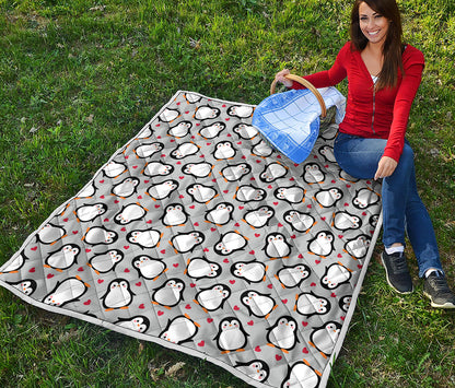 Red Heart And Penguin Pattern Print Quilt