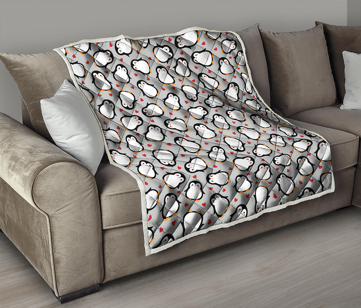 Red Heart And Penguin Pattern Print Quilt