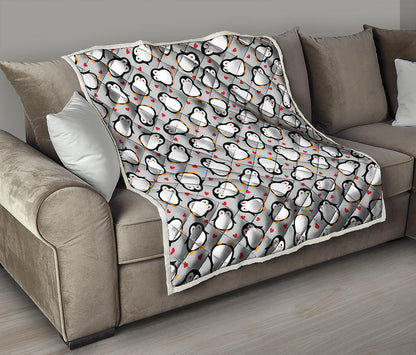 Red Heart And Penguin Pattern Print Quilt