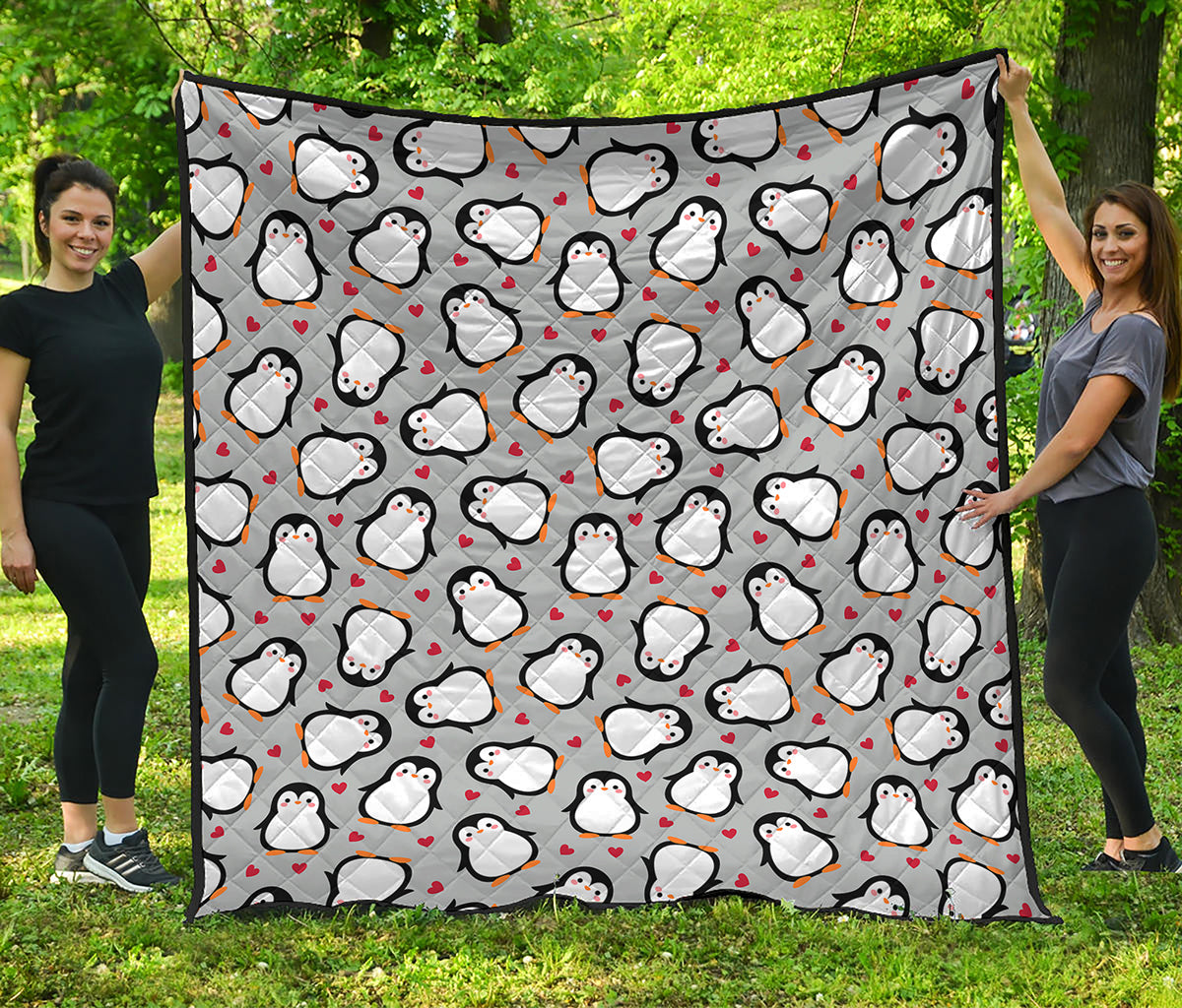 Red Heart And Penguin Pattern Print Quilt