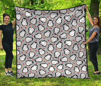 Red Heart And Penguin Pattern Print Quilt